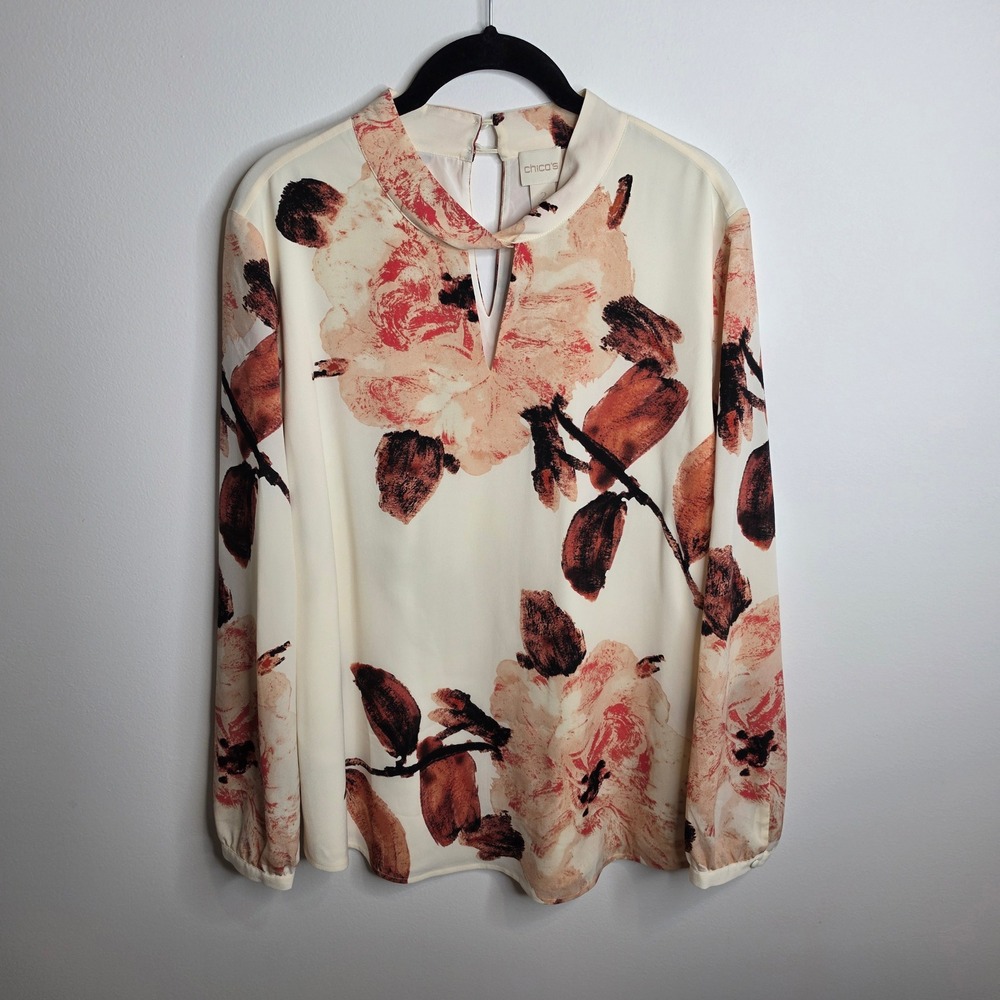 Chico's NWT Blouse Womens 2 (12) Floral Long Sleeve Keyhole